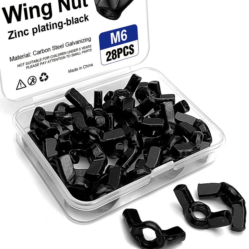Usdrwam 28PCS M6 Metric Wing Nuts kit, Zinc Plating-Black Wing Nuts Butterfly Fasteners, Hand Twist Tighten Ear Butterfly Nut Kitfor Easy Assembly and Secure Fit Furniture - Image 1